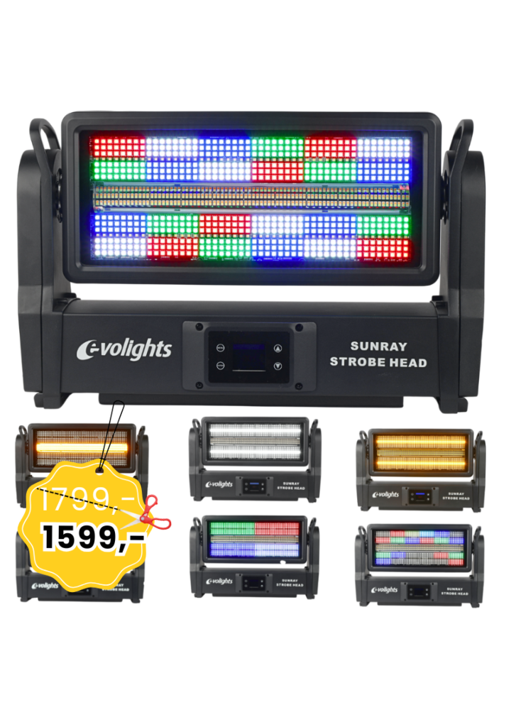 EVOLIGHTS SUNRAY STROBE HEAD ruchomy stroboskop sceniczny IP65 oświetlenie LED efekt świetlny 576x0,2W RGB SMD 5050+336x1W CW/A SMD 3030 2x uchwyt montażowy omega