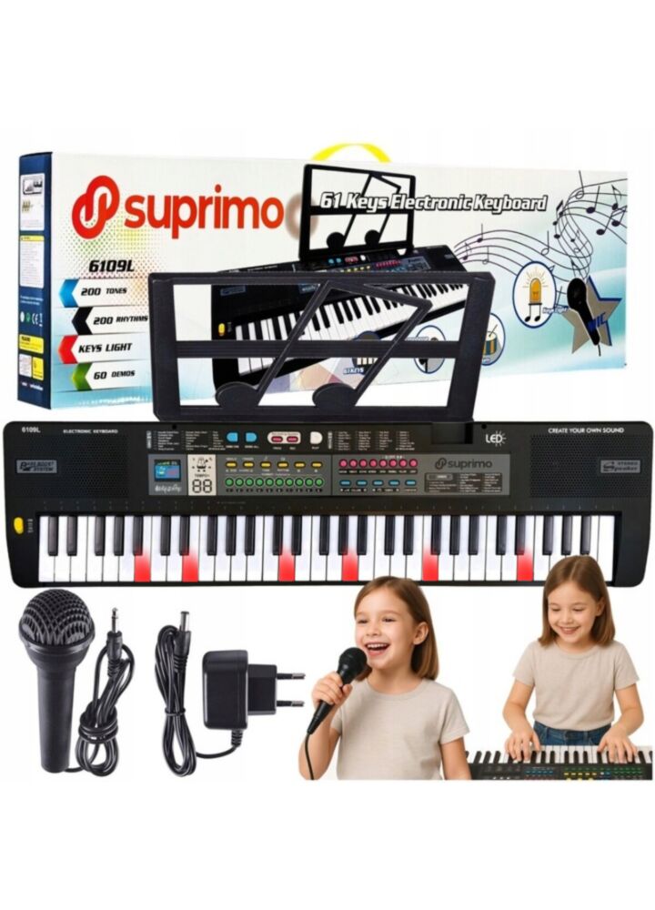 SUPRIMO 6109L keyboard edukacyjny bateryjny podświetlane klawisze organy dla dzieci do nauki gry pulpit do nut mikrofon zasilacz AUX wyjście słuchawkowe