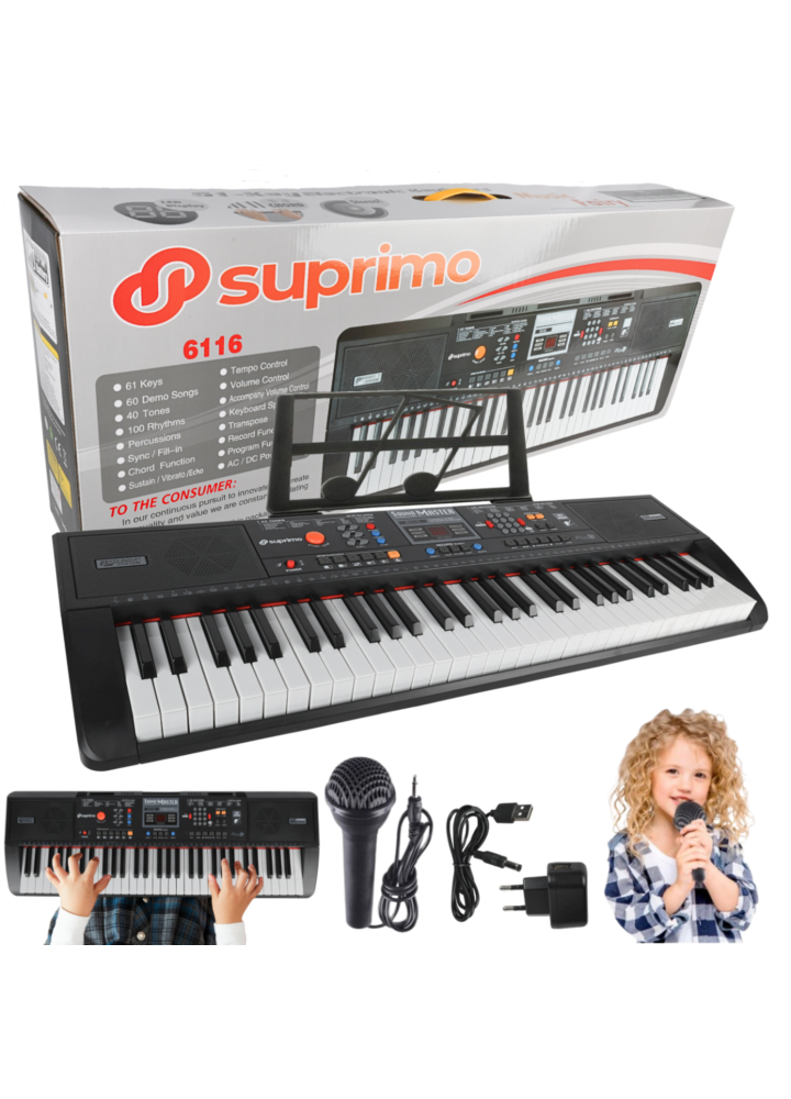 SUPRIMO 6116 keyboard edukacyjny bateryjny klawisze organy dla dzieci do nauki gry pulpit do nut mikrofon zasilacz AUX wyjście słuchawkowe
