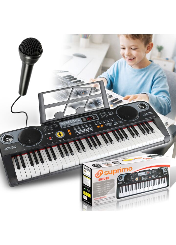 SUPRIMO 860 USB keyboard elektroniczny edukacyjny 61 klawiszy instrument dla dzieci do nauki gry pulpit do nut mikrofon odtwarzacz MP3 wbudowane głośniki stereo zestaw