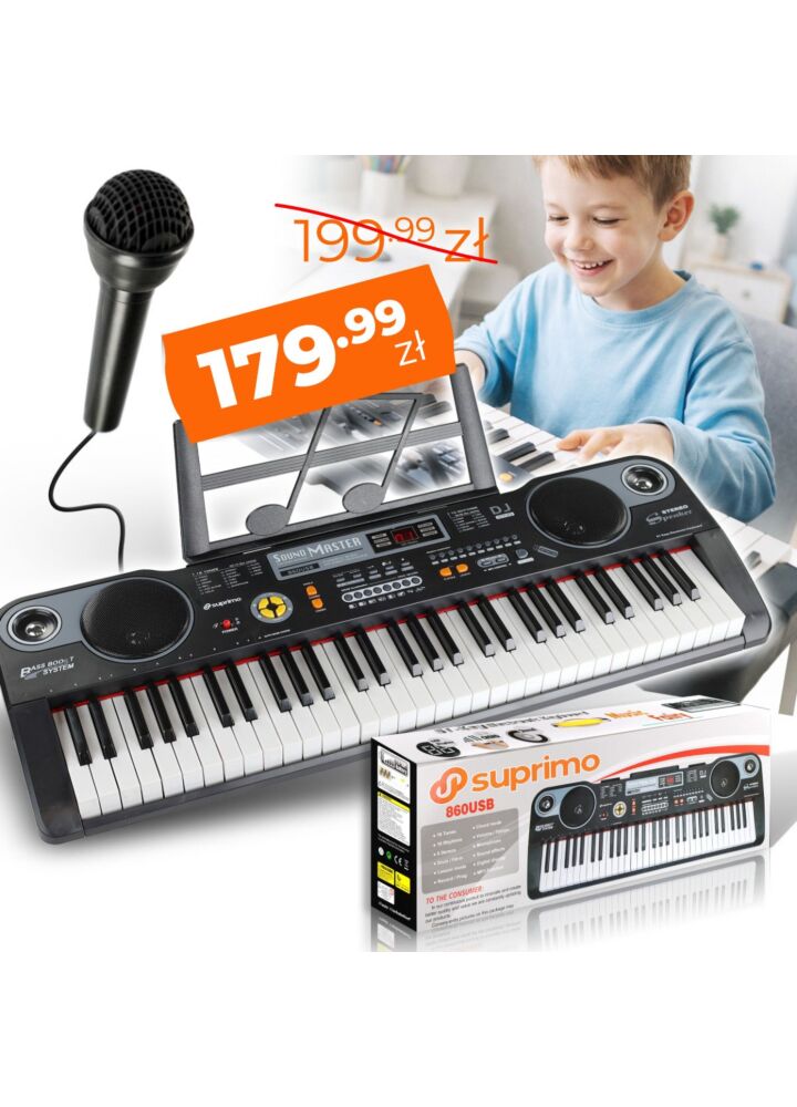 SUPRIMO 860 USB keyboard elektroniczny edukacyjny 61 klawiszy instrument dla dzieci do nauki gry pulpit do nut mikrofon odtwarzacz MP3 wbudowane głośniki stereo zestaw