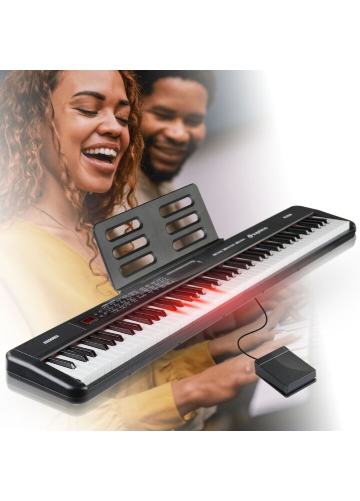 SUPRIMO 88035L pianino cyfrowe edukacyjne 88 klawiszy podświetlana klawiatura instrument dla dzieci do nauki gry pulpit do nut pedał sustain zestaw