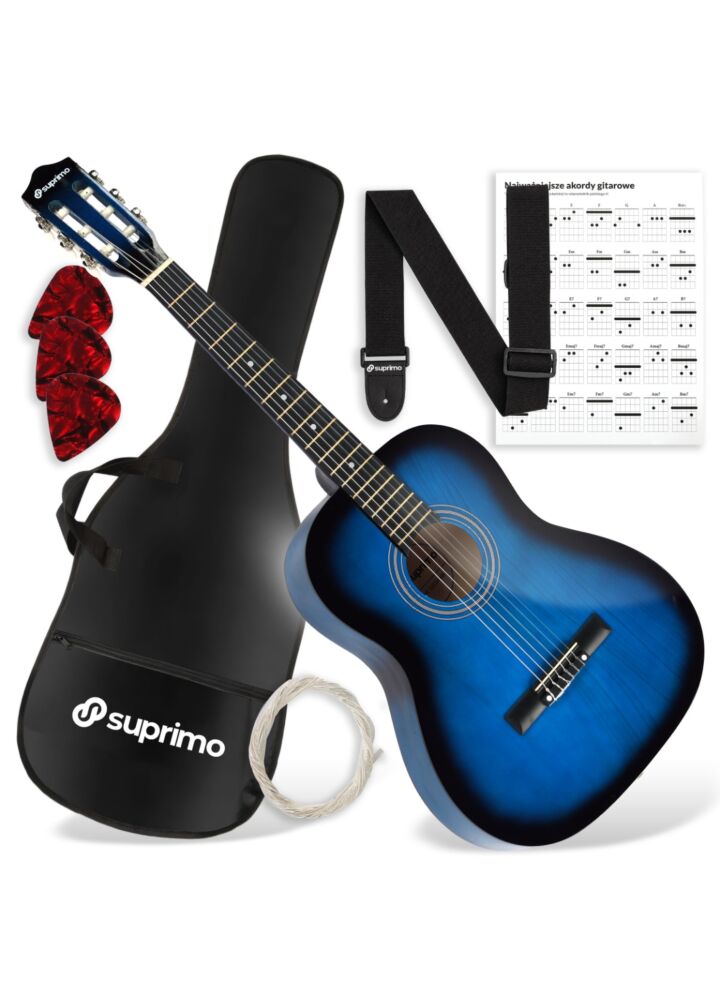 SUPRIMO CG34 BB gitara klasyczna 3/4 36 cali blueburst do nauki dla początkujących 2 zaczepy na pasek 3 kostki do gry pasek do gitary zapasowe struny pokrowiec transportowy akordy zestaw