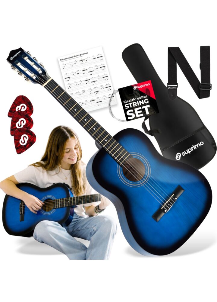 SUPRIMO CG34 BB gitara klasyczna 3/4 36 cali blueburst do nauki dla początkujących 2 zaczepy na pasek 3 kostki do gry pasek do gitary zapasowe struny pokrowiec transportowy akordy zestaw