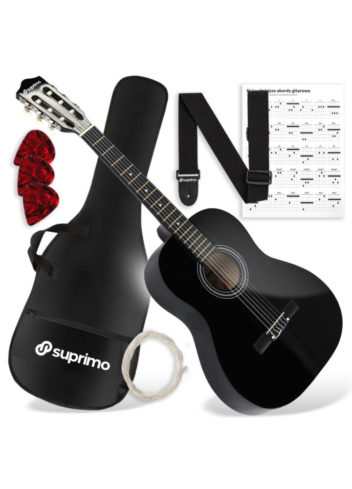 SUPRIMO CG34 BK gitara klasyczna 3/4 36 cali czarna do nauki dla początkujących 2 zaczepy na pasek 3 kostki do gry pasek do gitary zapasowe struny pokrowiec transportowy akordy zestaw
