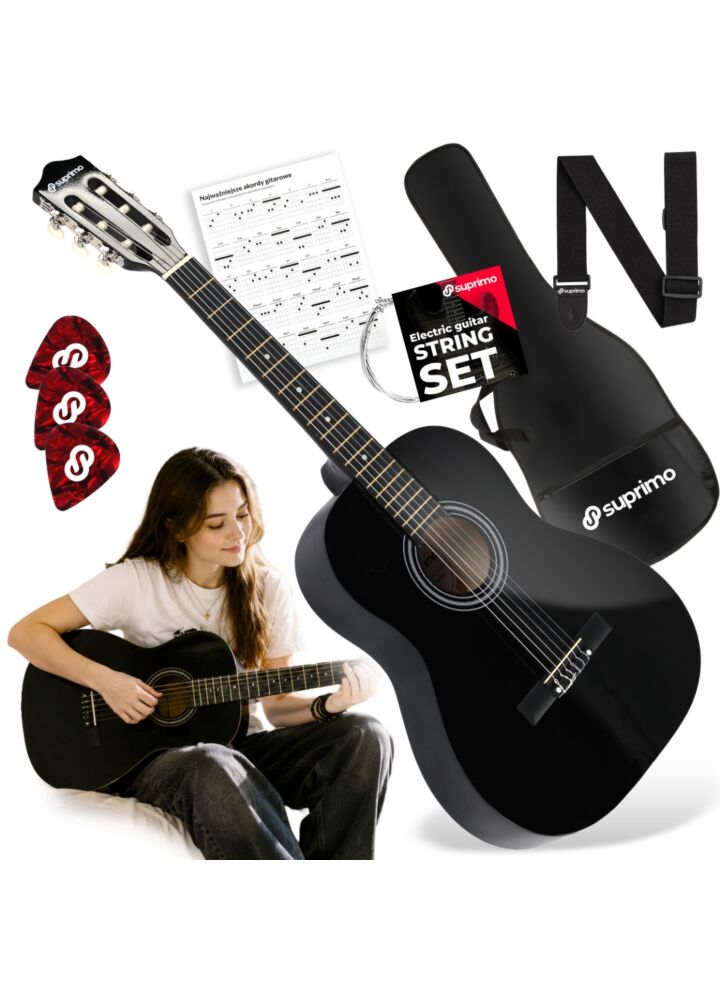 SUPRIMO CG34 BK gitara klasyczna 3/4 36 cali czarna do nauki dla początkujących 2 zaczepy na pasek 3 kostki do gry pasek do gitary zapasowe struny pokrowiec transportowy akordy zestaw
