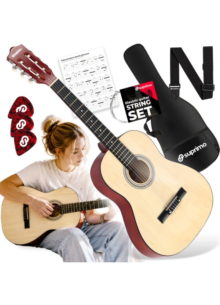 SUPRIMO CG34 NT gitara klasyczna 3/4 36 cali naturalna do nauki dla początkujących 2 zaczepy na pasek 3 kostki do gry pasek do gitary zapasowe struny pokrowiec transportowy akordy zestaw