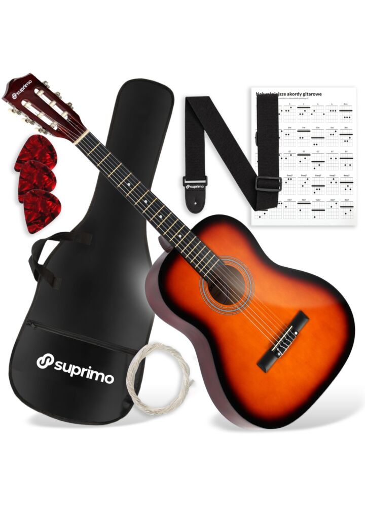 SUPRIMO CG34 SB gitara klasyczna 3/4 36 cali sunburst do nauki dla początkujących 2 zaczepy na pasek 3 kostki do gry pasek do gitary zapasowe struny pokrowiec transportowy akordy zestaw