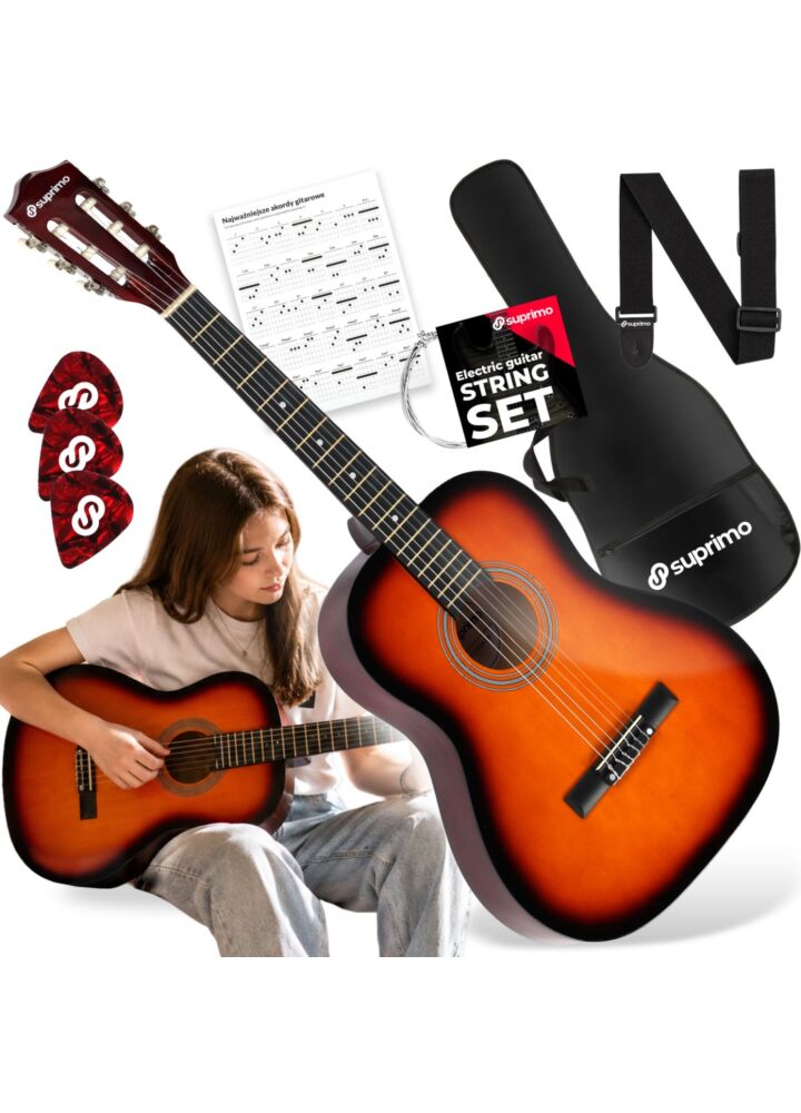 SUPRIMO CG34 SB gitara klasyczna 3/4 36 cali sunburst do nauki dla początkujących 2 zaczepy na pasek 3 kostki do gry pasek do gitary zapasowe struny pokrowiec transportowy akordy zestaw