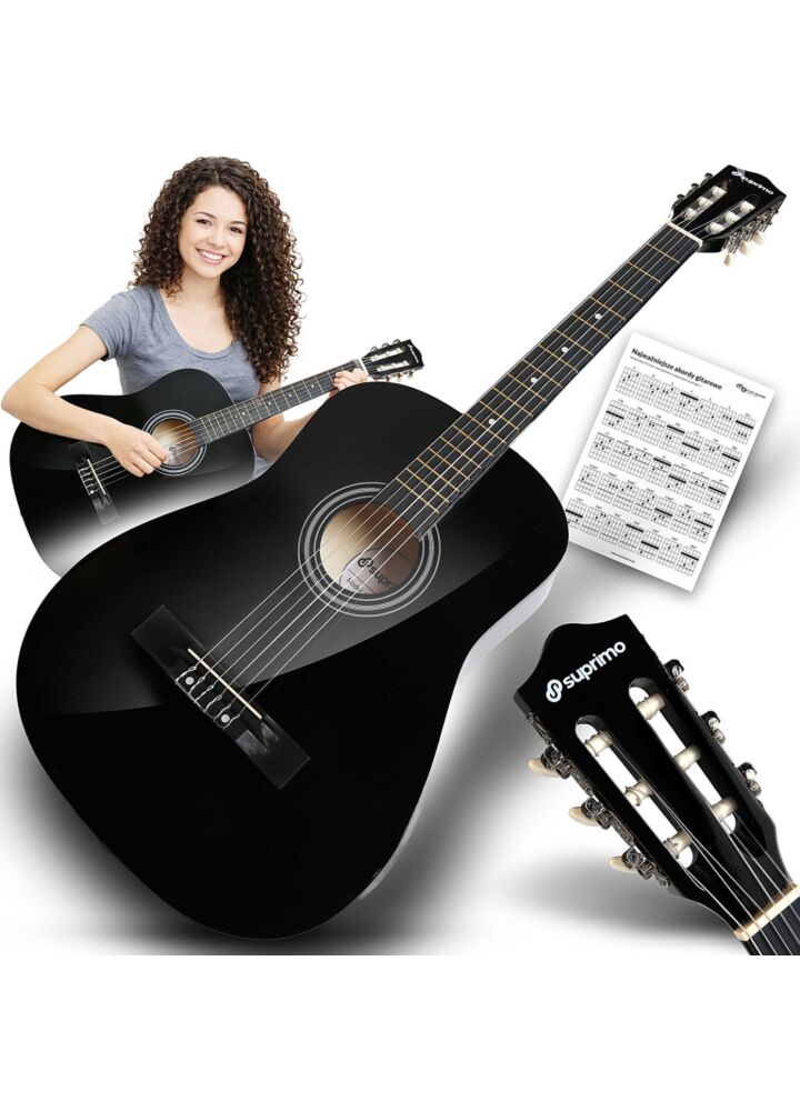 SUPRIMO CGS1 BK gitara klasyczna 4/4 czarna do nauki dla początkujących akordy zestaw