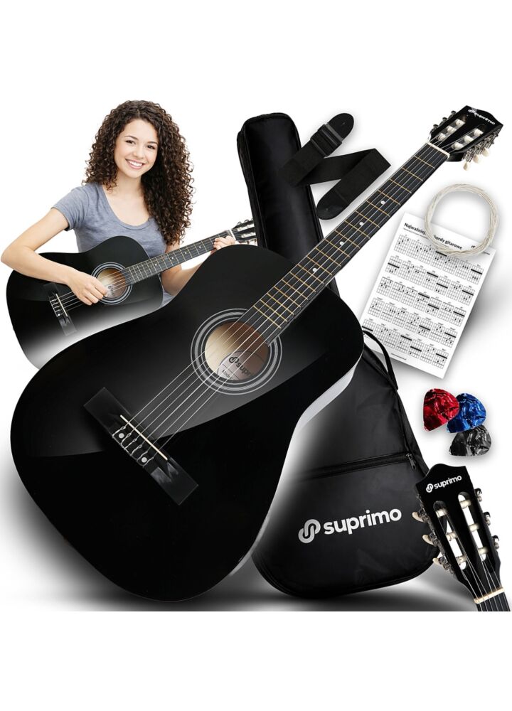 SUPRIMO CGS2 BK gitara klasyczna 4/4 czarna do nauki dla początkujących kostki pasek zapasowe struny pokrowiec akordy zestaw