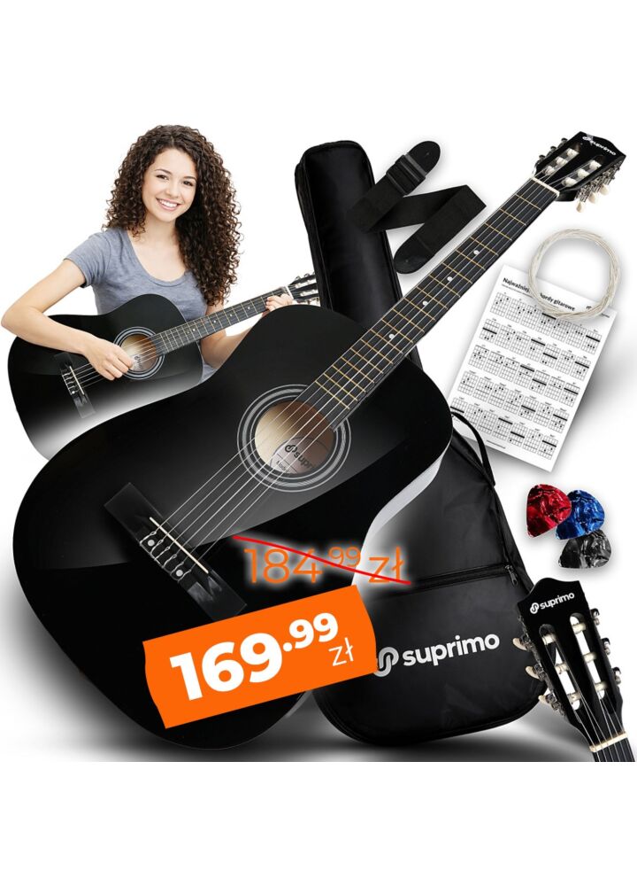 SUPRIMO CGS2 BK gitara klasyczna 4/4 czarna do nauki dla początkujących kostki pasek zapasowe struny pokrowiec akordy zestaw