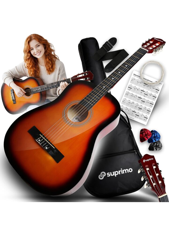SUPRIMO CGS2 SB gitara klasyczna 4/4 sunburst do nauki dla początkujących kostki pasek zapasowe struny pokrowiec akordy zestaw