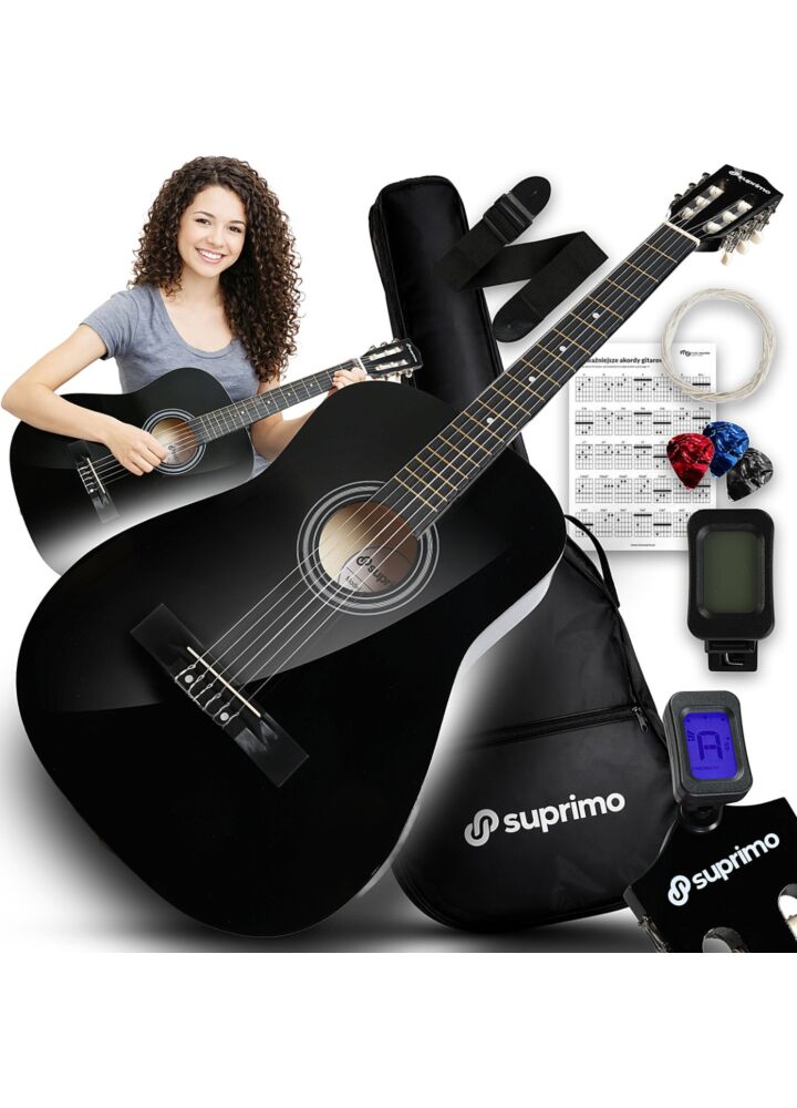 SUPRIMO CGS3 BK gitara klasyczna 4/4 czarna do nauki dla początkujących tuner kostki pasek zapasowe struny pokrowiec akordy zestaw
