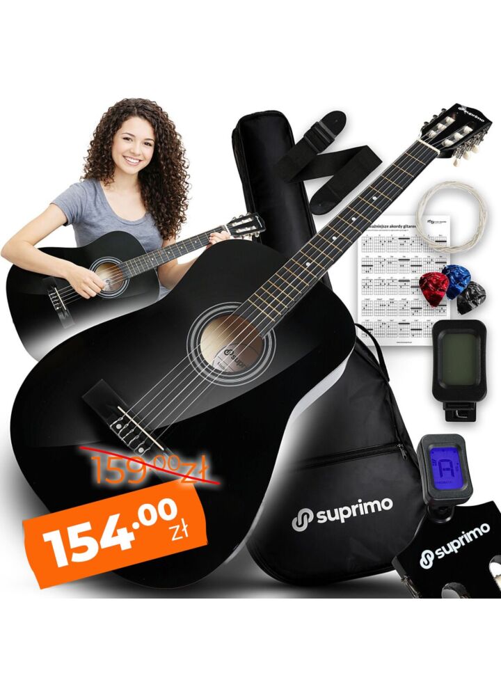 SUPRIMO CGS3 BK gitara klasyczna 4/4 czarna do nauki dla początkujących tuner kostki pasek zapasowe struny pokrowiec akordy zestaw