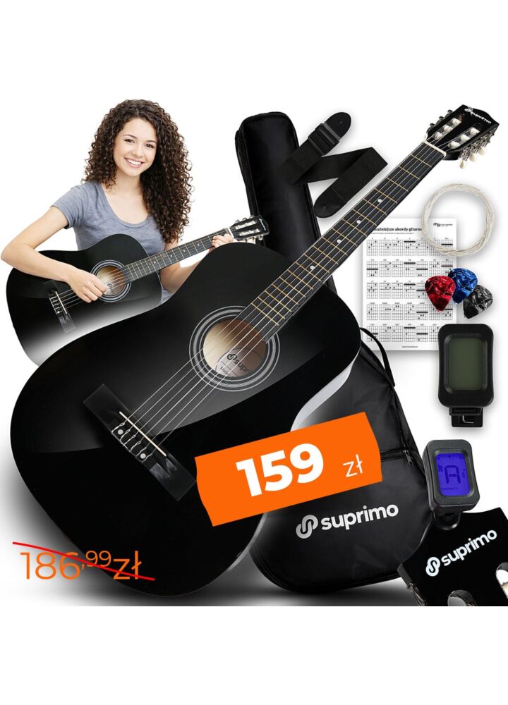 SUPRIMO CGS3 BK gitara klasyczna 4/4 czarna do nauki dla początkujących tuner kostki pasek zapasowe struny pokrowiec akordy zestaw