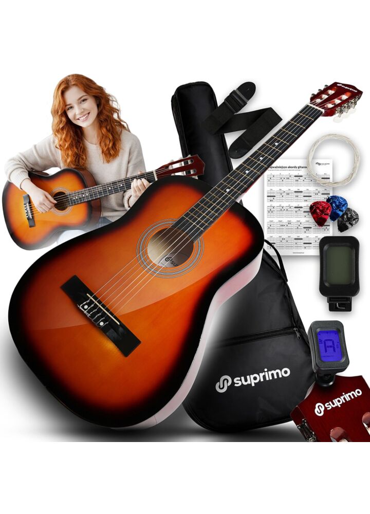 SUPRIMO CGS3 SB gitara klasyczna 4/4 sunburst do nauki dla początkujących tuner kostki pasek zapasowe struny pokrowiec akordy zestaw
