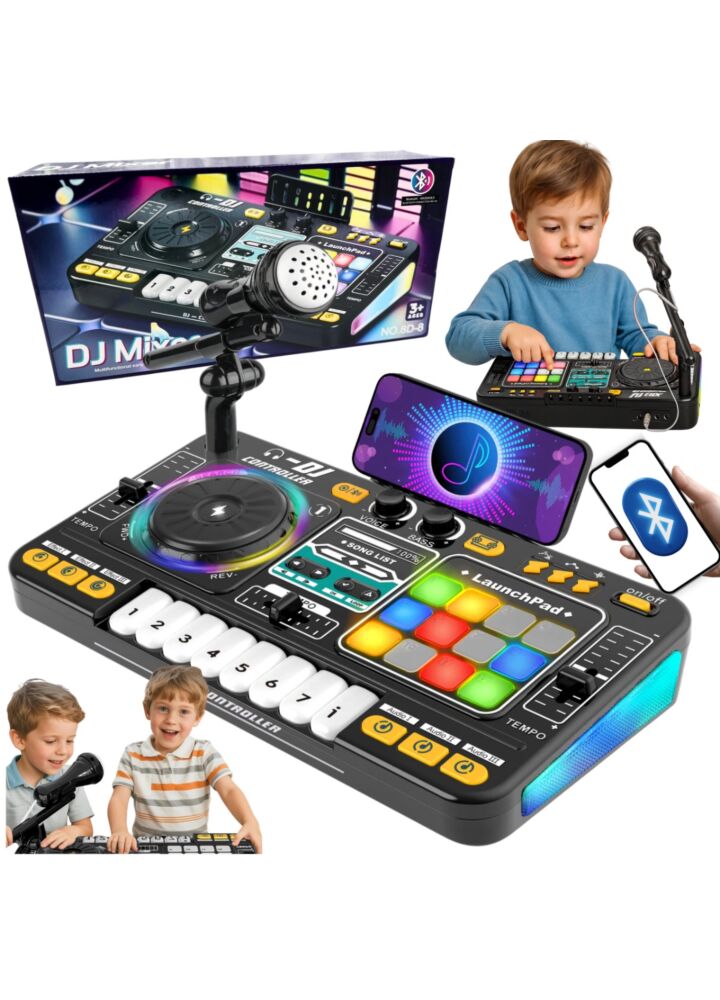 SUPRIMO DJ KID konsola mikser DJ dla dzieci podświetlenie LED Bluetooth mikrofon uchwyt mikrofonowy naklejki na przyciski podpórka na smartfon zestaw