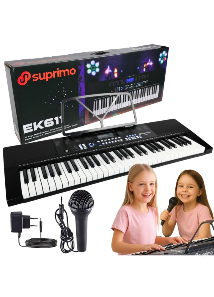 SUPRIMO EK611 keyboard elektroniczny edukacyjny 61 klawiszy pulpit do nut mikrofon przewodowy zestaw