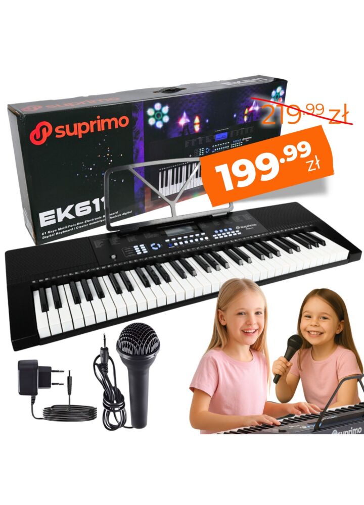 SUPRIMO EK611 keyboard elektroniczny edukacyjny 61 klawiszy pulpit do nut mikrofon przewodowy zestaw