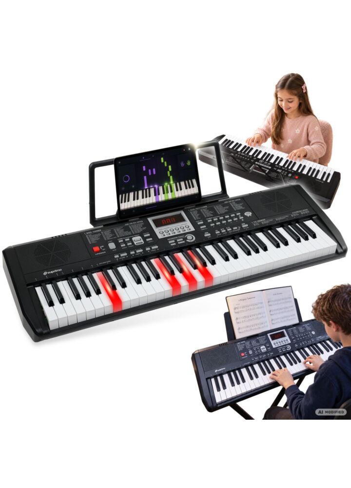SUPRIMO EK61L keyboard elektroniczny edukacyjny przenośny 61 podświetlanych klawiszy pulpit do nut mikrofon naklejki głośniki wyjście słuchawkowe