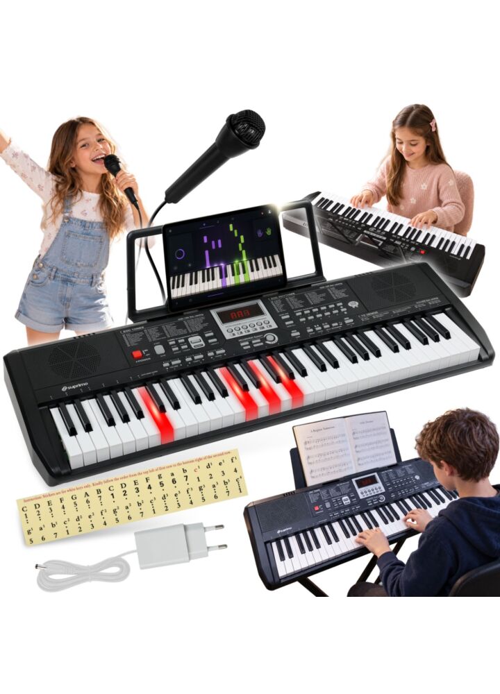 SUPRIMO EK61L keyboard elektroniczny edukacyjny przenośny 61 podświetlanych klawiszy pulpit do nut mikrofon naklejki głośniki wyjście słuchawkowe