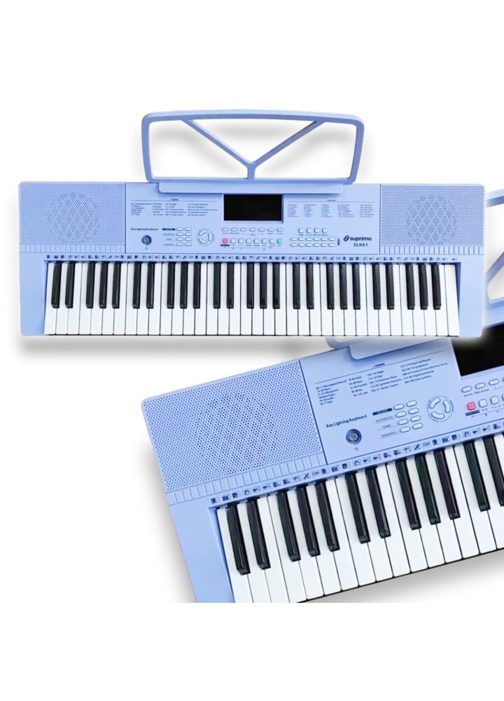 SUPRIMO ELK61 keyboard elektroniczny edukacyjny fioletowy 61 klawiszy podświetlana klawiatura instrument dla dzieci do nauki gry pulpit do nut mikrofon wbudowane głośniki stereo wyjście słuchawkowe zestaw