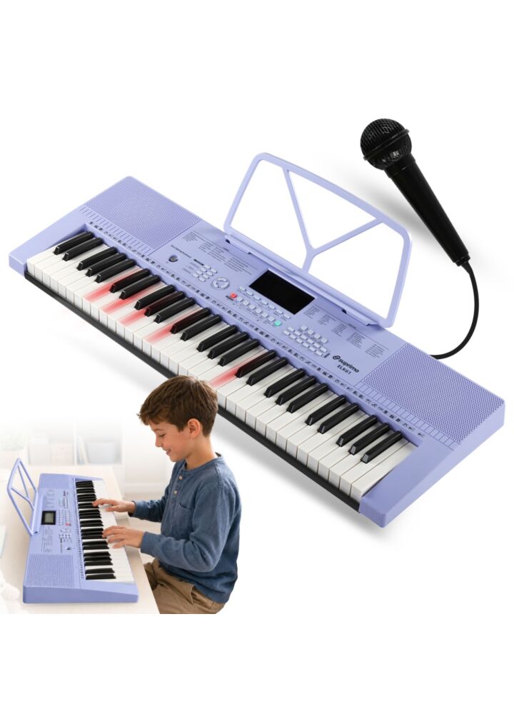 SUPRIMO ELK61 keyboard elektroniczny edukacyjny fioletowy 61 klawiszy podświetlana klawiatura instrument dla dzieci do nauki gry pulpit do nut mikrofon wbudowane głośniki stereo wyjście słuchawkowe zestaw