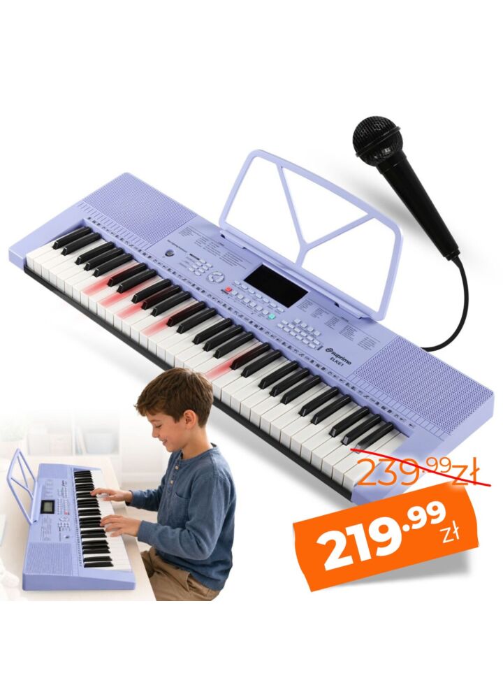 SUPRIMO ELK61 keyboard elektroniczny edukacyjny fioletowy 61 klawiszy podświetlana klawiatura instrument dla dzieci do nauki gry pulpit do nut mikrofon głośniki stereo wyjście słuchawkowe zestaw