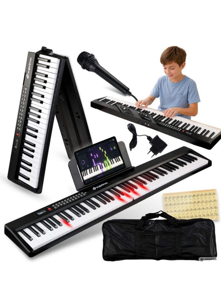 SUPRIMO FP-887 BK pianino cyfrowe przenośne składane czarne 88 dynamicznych podświetlanych klawiszy Bluetooth MP3 mikrofon pulpit do nut torba transportowa naklejki edukacyjne zestaw