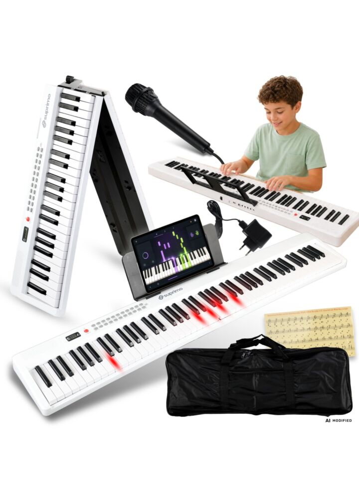 SUPRIMO FP-887 WH pianino cyfrowe przenośne składane białe 88 dynamicznych podświetlanych klawiszy Bluetooth MP3 mikrofon pulpit do nut torba transportowa naklejki edukacyjne zestaw