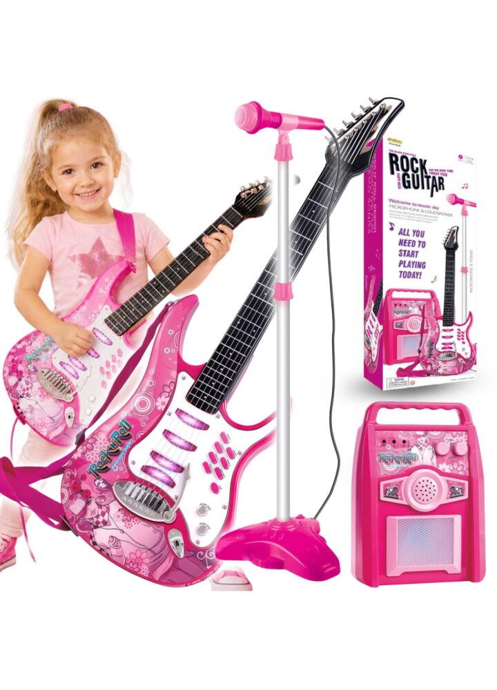 SUPRIMO GUITAR KIDS PK zestaw muzyczny dla dzieci gitara elektryczna + mikrofon ze statywem + wzmacniacz  interaktywna zabawka muzyczna dla dziewczynki, efekty dźwiękowe, komplet do nauki i zabawy