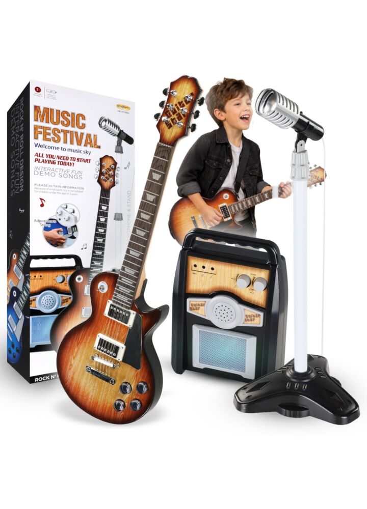 SUPRIMO GWEB zestaw muzyczny dla dzieci gitara elektryczna + mikrofon ze statywem + wzmacniacz interaktywny instrument muzyczny efekty dźwiękowe komplet do nauki i zabawy