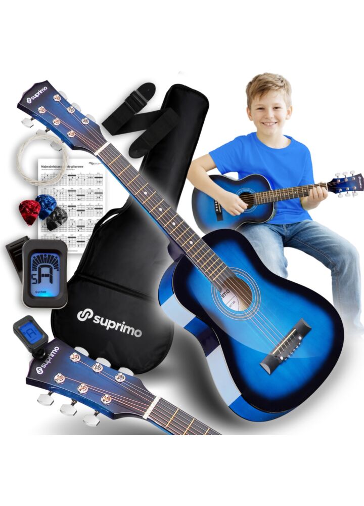 SUPRIMO JRA SET BB gitara akustyczna 1/4 blueburst do nauki dla początkujących 3x kostka do gry pasek zapasowe struny pokrowiec tuner akordy zestaw