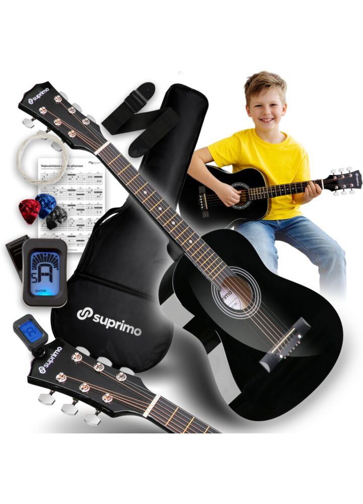 SUPRIMO JRA SET BK gitara akustyczna 1/4 czarna do nauki dla początkujących 3x kostka do gry pasek zapasowe struny pokrowiec tuner akordy zestaw