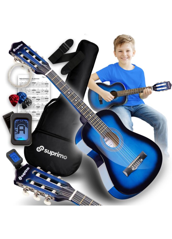 SUPRIMO JRC SET BB gitara klasyczna 1/4 blueburst do nauki dla początkujących 3x kostka do gry pasek zapasowe struny pokrowiec tuner akordy zestaw