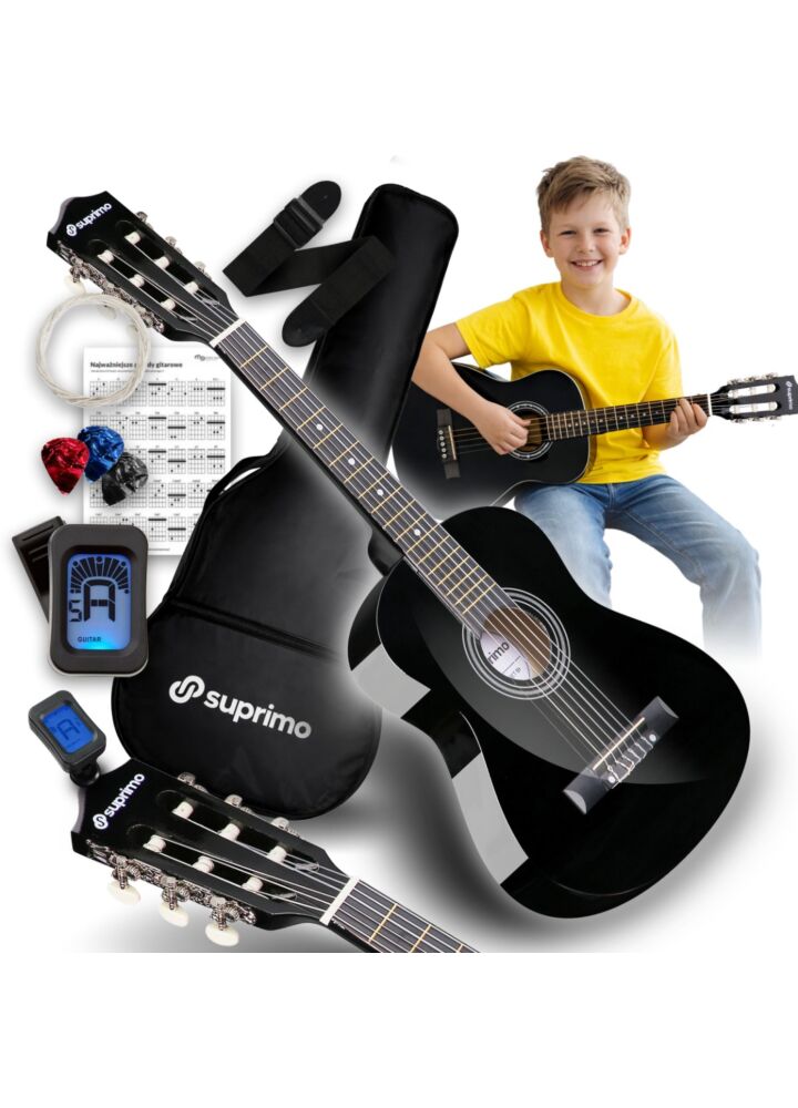 SUPRIMO JRC SET BK gitara klasyczna 1/4 czarna do nauki dla początkujących 3x kostka do gry pasek zapasowe struny pokrowiec tuner akordy zestaw