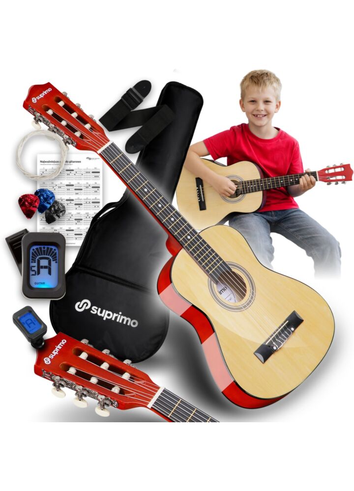 SUPRIMO JRC SET NT gitara klasyczna 1/4 naturalna do nauki dla początkujących 3x kostka do gry pasek zapasowe struny pokrowiec tuner akordy zestaw