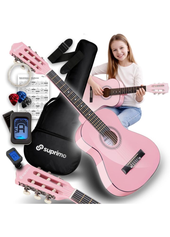 SUPRIMO JRC SET PK gitara klasyczna 1/4 różowa do nauki dla początkujących 3x kostka do gry pasek zapasowe struny pokrowiec tuner akordy zestaw