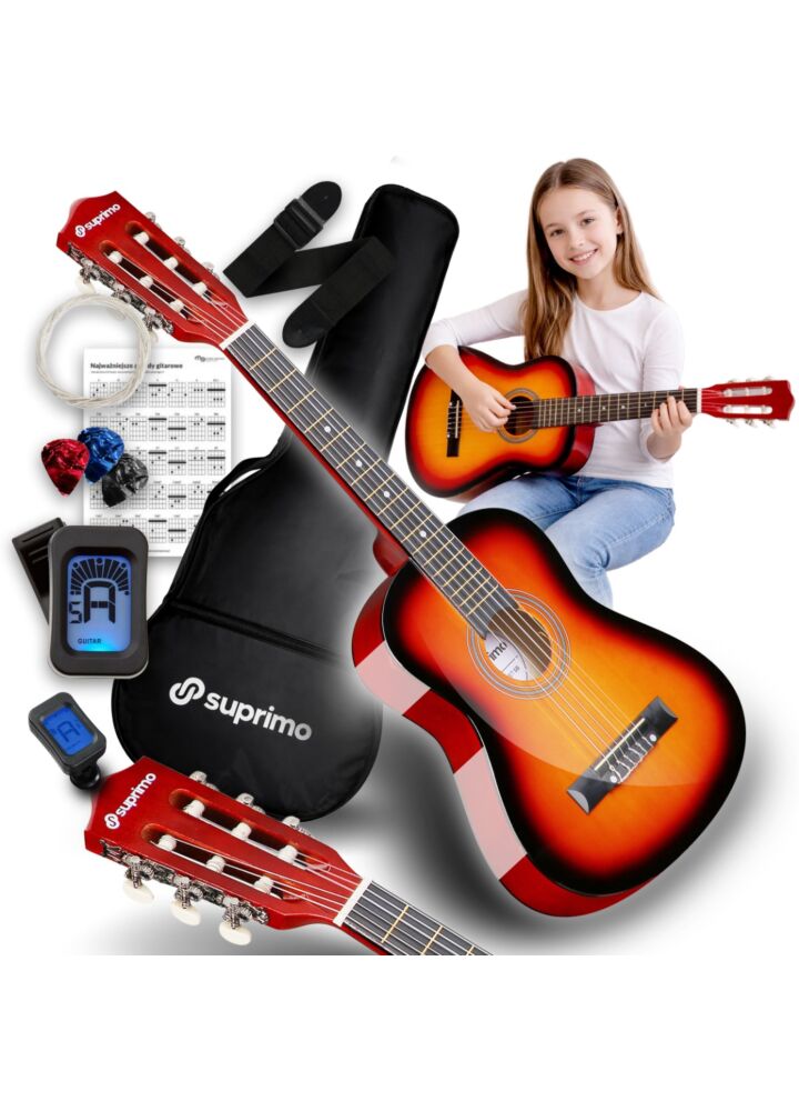 SUPRIMO JRC SET SB gitara klasyczna 1/4 sunburst do nauki dla początkujących 3x kostka do gry pasek zapasowe struny pokrowiec tuner akordy zestaw