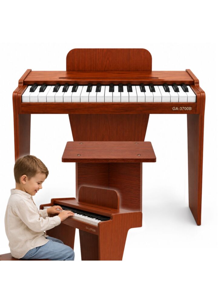 SUPRIMO KID PIANO 1 WOOD mini pianino cyfrowe przenośne trójnożne wolnostojące brązowe 37 klawiszy zasilanie sieciowe na baterie pulpit do nut stołek do 20 kg