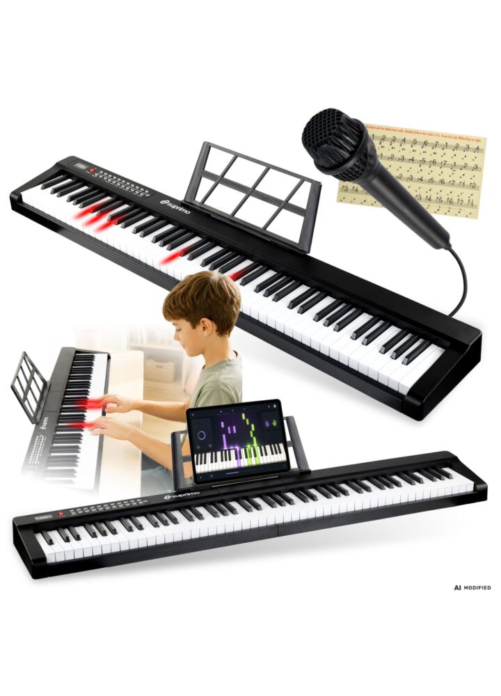 SUPRIMO P-881 BK pianino cyfrowe przenośne czarne 88 dynamicznych podświetlanych klawiszy Bluetooth MP3 mikrofon pulpit do nut naklejki edukacyjne zestaw