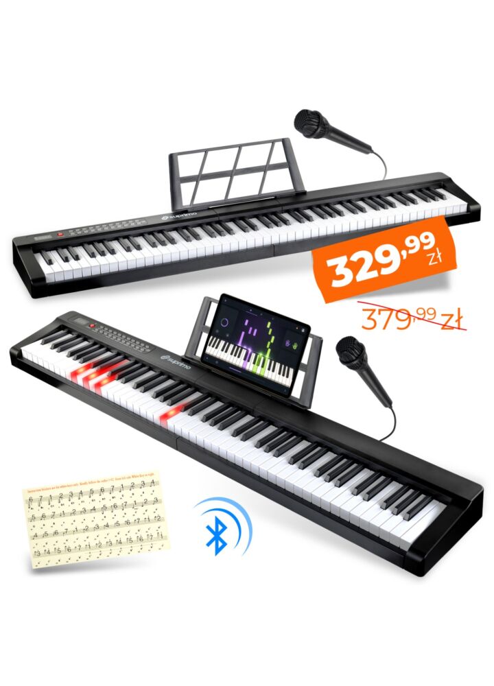 SUPRIMO P-881 BK pianino cyfrowe przenośne czarne 88 dynamicznych podświetlanych klawiszy Bluetooth MP3 mikrofon pulpit do nut naklejki edukacyjne zestaw