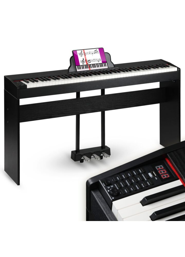 SUPRIMO SDP88 BK pianino cyfrowe stacjonarne czarne ważone klawisze progresywna klawiatura młoteczkowa MIDI wyjście słuchawkowe pulpit do nut zestaw 3 pedałów wbudowane głośniki 2x10W stereo