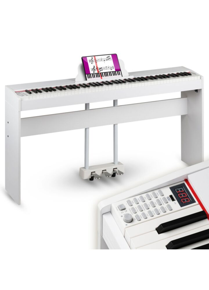 SUPRIMO SDP88 WH pianino cyfrowe stacjonarne białe ważone klawisze progresywna klawiatura młoteczkowa MIDI wyjście słuchawkowe pulpit do nut zestaw 3 pedałów wbudowane głośniki 2x10W stereo