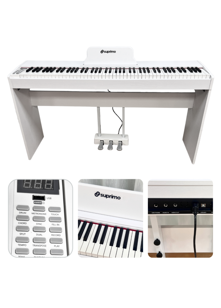 SUPRIMO SDP88 WH pianino cyfrowe stacjonarne białe ważone klawisze progresywna klawiatura młoteczkowa MIDI wyjście słuchawkowe pulpit do nut zestaw 3 pedałów wbudowane głośniki 2x10W stereo
