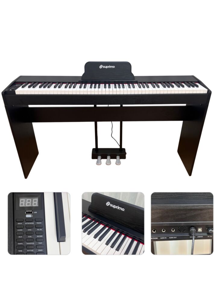 SUPRIMO SDP88 BK pianino cyfrowe stacjonarne czarne ważone klawisze progresywna klawiatura młoteczkowa MIDI wyjście słuchawkowe pulpit do nut zestaw 3 pedałów wbudowane głośniki 2x10W stereo