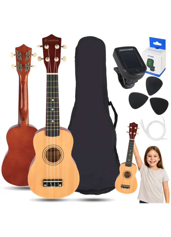 SUPRIMO UK21 SET NW ukulele sopranowe 21" naturalne drewno pokrowiec 3 kostki do gry zapasowe struny tuner zestaw dla dzieci do nauki gry