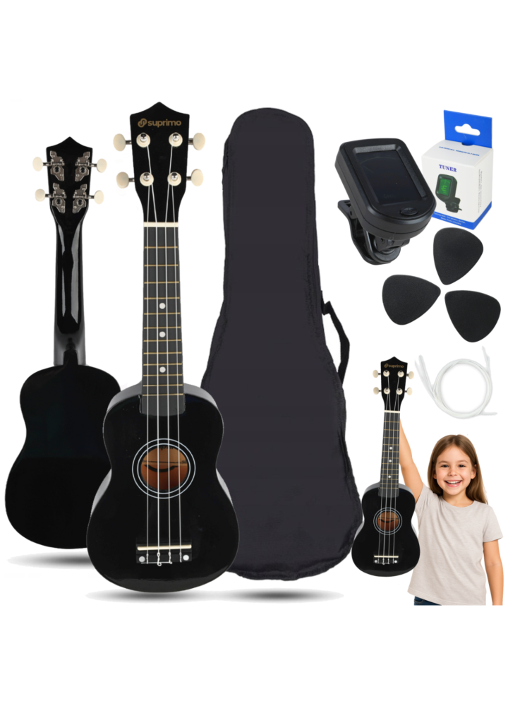 SUPRIMO UK21 SET BK ukulele sopranowe 21" czarne drewniane pokrowiec 3 kostki do gry zapasowe struny tuner zestaw dla dzieci do nauki gry