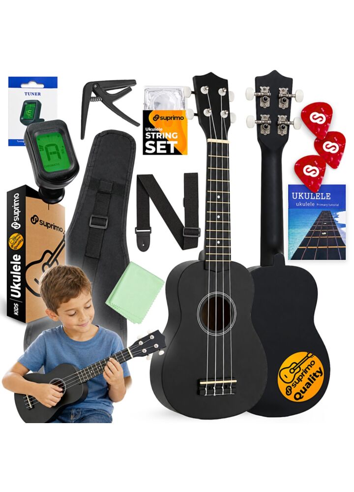 SUPRIMO UK21 SET BK V2 ukulele sopranowe 21" czarne drewniane pokrowiec 3 kostki do gry zapasowe struny tuner pasek kapodaster ściereczka książeczka do nauki gry zestaw dla dzieci